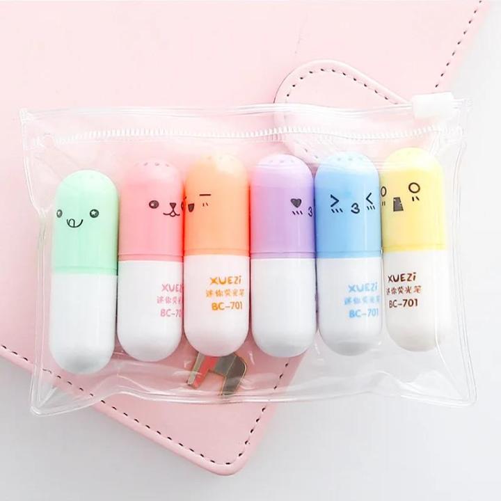 6 Pcs/lot Capsules Highlighter Vitamin Pill Highlight Marker Color Pens ...