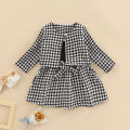 Children Girl Dress Two Piece Set, Houndstooth Printed Pattern Single Long Sleeve Patchwork Dress Matching Outwear Coat. 
