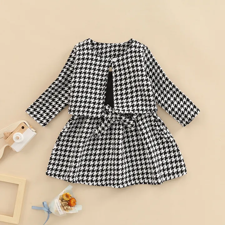 Children%20Girl%20Dress%20Two%20Piece%20Set,%20Houndstooth%20Printed%20Pattern%20Single%20Long%20Sleeve%20Patchwork%20Dress%20Matching%20Outwear%20Coat%20-%20Image%202