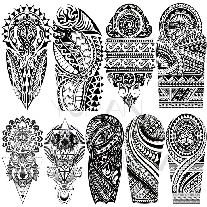 Large Maori Temporary Tattoos For Men Women Realistic Thorns Totem Wolf Mandala Geometric Tattoo Stickers Arm Body Tatoos