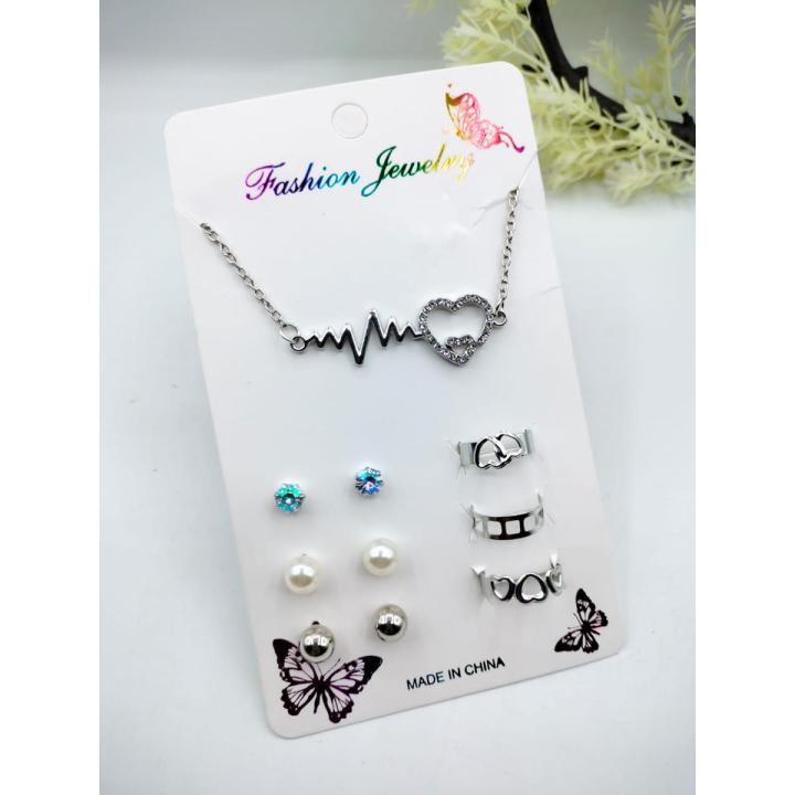 Pack of 7 Jewellery set 3 Rings with adjustable sizes - 1 Necklace / Pendant  & 3 Stud Earrings