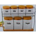 7PCS CERAMIC WOODEN AIR-TIGHT SPICES STORAGE SET WITH METAL STAND. 