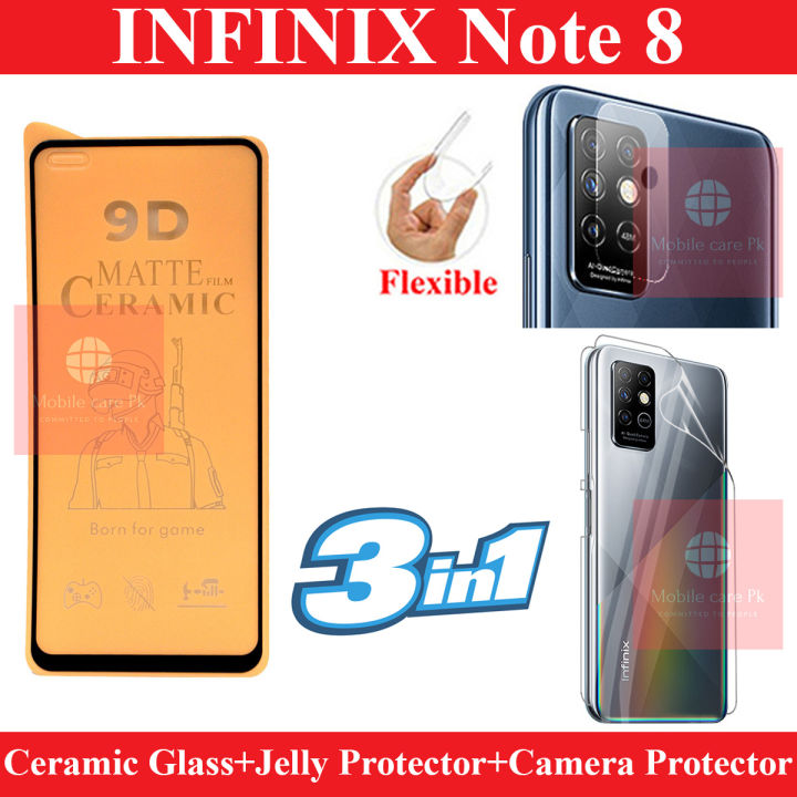 Infinix Note 8 Ceramic Matte Unbreakable Antishock Hybrid Film 9D/11D/21D Tempered Fiber Sheet Glass + Back Jelly Protector Poly Transparent Edge To Edge Sides Coverage + Camera Lens Protector Flexible Gorilla 9H Rear Camera Protector For Infinix Note 8