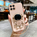 For Honor X6 4G / Honor X6A / Honor X5 Back Cover with Lanyard + Cartoon Astronaut Folding Stand Luxury 6D Plating Square Bumper Phone Case Shiny Soft Silicone Full Camera Protection Cases Pouch. 
