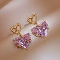 【HOT】 Temperament Women Jewelry Earrings Lovely Pink Zircon Heart Earrings Personality Women Stainless Steel Earrings Charming Jewelry. 