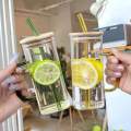Drinking Glass with Straw, Handle and Bamboo Lid, Juice and shake Glass, Large Size. 