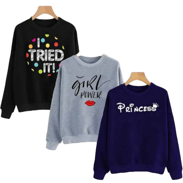 Mayar Outfits Pack Of 3 Winter Round Neck Printed Sweat Shirts For Girls Womens Ladies Daraz.pk