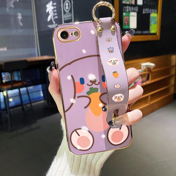 chenyyka For iPhone 7 Case With Wristband New Design Square Edge Phone Case Cute Line Rabbit Pattern Shockproof Plating Silicone Casing Full Cover SoftCase Protection Cases Girl Women