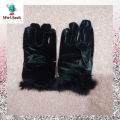 Women's Girl's Black Winter Velvet Gloves With Frr Cuff On Wrist. 