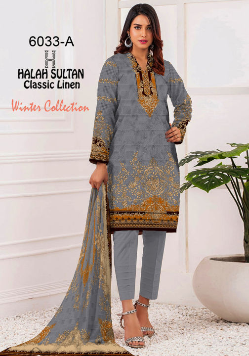 Halah Sultan Classic  Linen Unstitched 3 Piece Suit DN# 6033-A