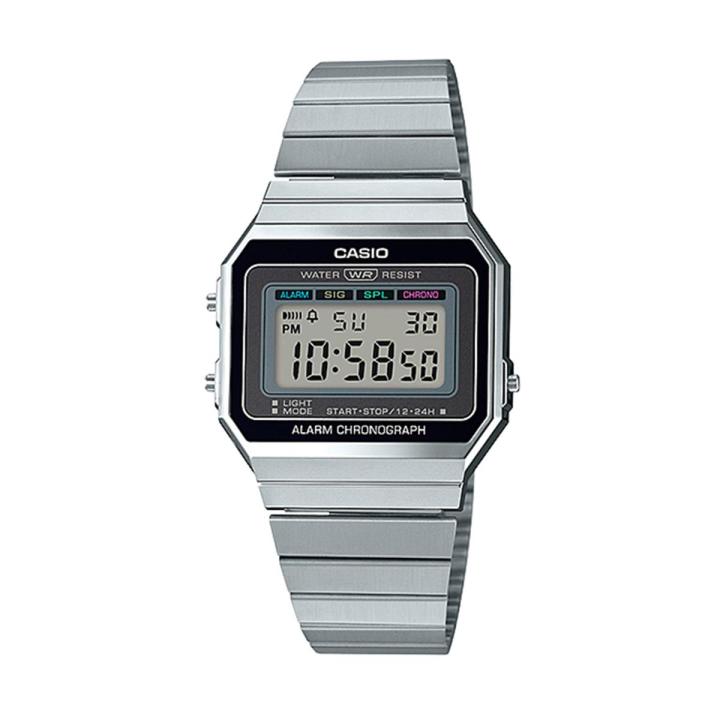 Casio General Vintage Youth Silver Tone Resin Digital Rectangle Silver Stainless Steel Bracelet Watch-A700W-1ADF