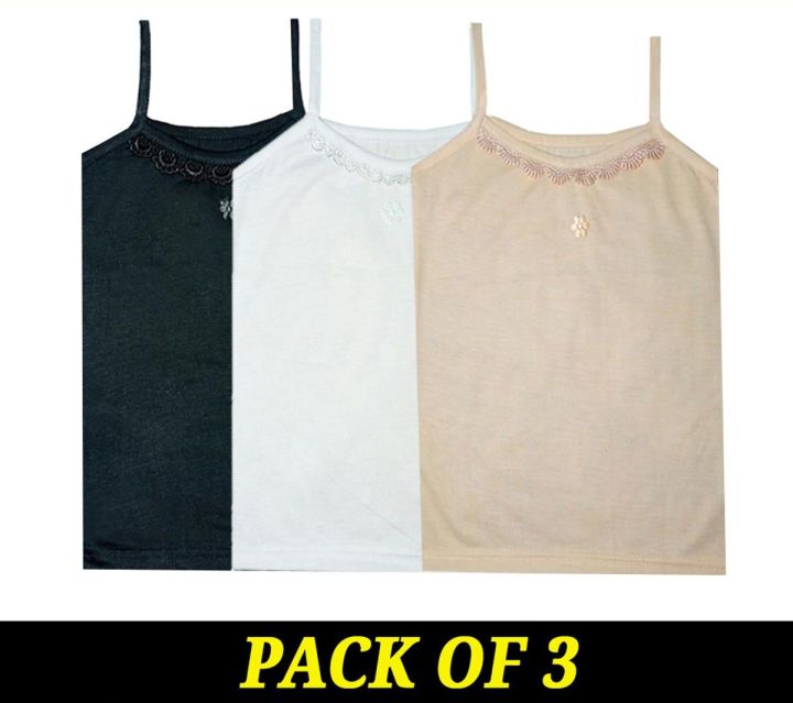 Pack of 3 Summer Soft Cotton Full Camisole For Little Girls Kids Long Shameez  Long Tank Tops Undershirt For Little Kids Girls (4 to 6 Years Old) - Skin/Black/White