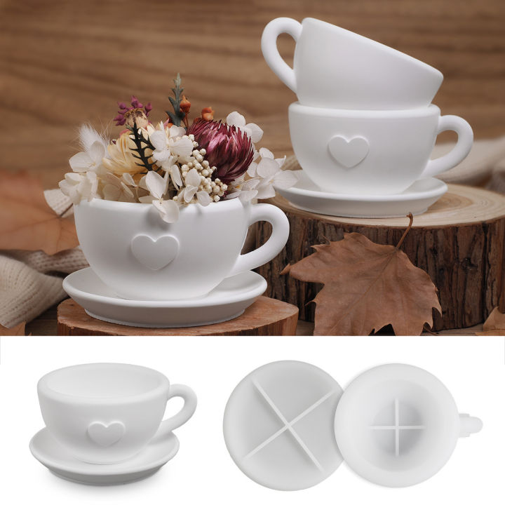 3D Tea Cup Love Silicone Mold With Tray DIY Gypsum Cement Coffee Cup Decoration Storage Plate Ornament Mold Home Handicraft