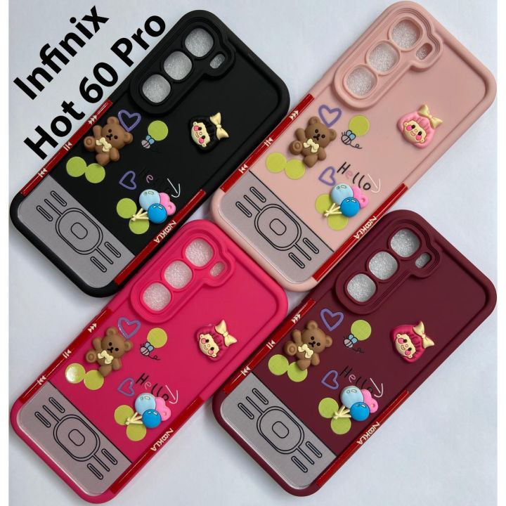 Infinix Hot 60 Pro – Retro Hello Cartoon Back Cover for Kids & Ladies | Soft Silicone Phone Case with 3D Decorative Toppings | IH60P