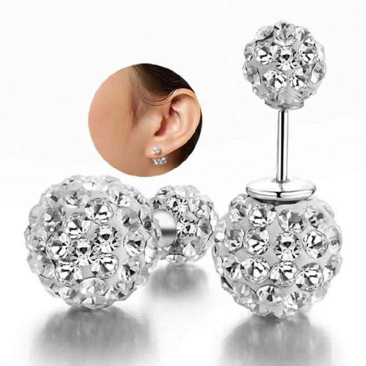 Fashion Womens 925 sterling Silver Double Crystal Ball Ear stud Earrings Jewelry Lonni