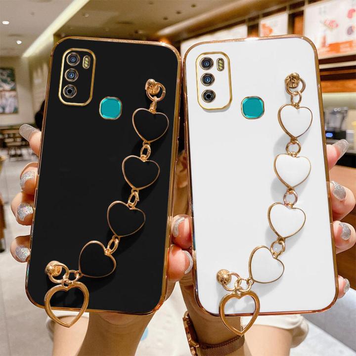 COROGI for Itel Vision 1 Pro / Itel S16 Back Cover with Love Heart Bracelet Luxury 6D Plating Frame Shiny Chain Cases Soft Silicone Square Protective Mobile Phone Case for Girls Boy