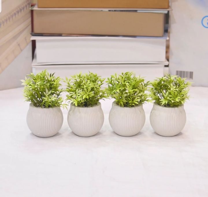 Pack of 4 Green Mini Plant Artificial Decoration Piece with pot Best for home & Office Decoration purpose