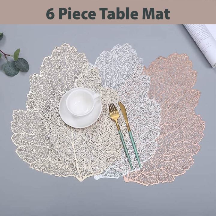 Set of 6 Fancy Table Mats PVC Insulated Table Mat Round Floral Leaf Dining Table Mats Washable and Wipeable for Dining Table Decoration