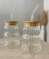Ribbed & Round Tumbler Can Ring Glass Sipper, Juice Bow Glass,with Glass Straw, Square Glass Mug/ Transparent Coffee Mug Wooden lid Fruit Juice Milk Cup Glass. 