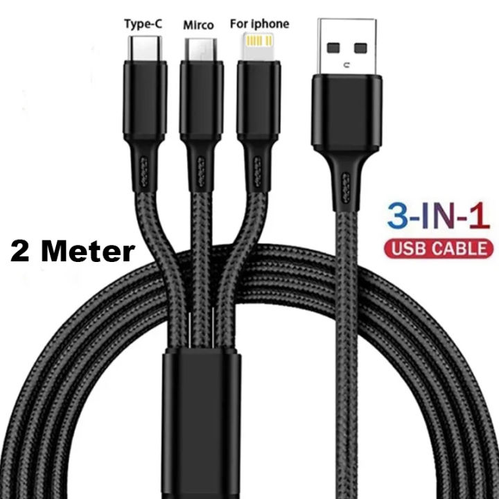 (3 in 1) Braided Charging cable for Iphone / Type C / USB android - 2 meter
