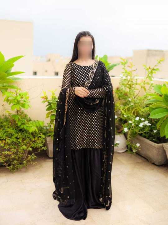 Hiba Bukhari 3pcs Dress For Girls - Dresses For Women -  3pcs Dresses For Girls New Design - Featuring Fully 9mm Embroidery Work On The Shirt Front And Back Both - Paired With A Stunning Embroidered Kaya Work Dupatta And Flared Gharara