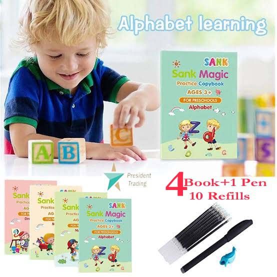 4Pcs Reusable Magic Book for Kids - 4 Book +1 Pen +10 Refill - Painting Drawing Colouring Board Magic Book - Handwriting Free Wiping Calligraphy Montessori Practice Copy Books
