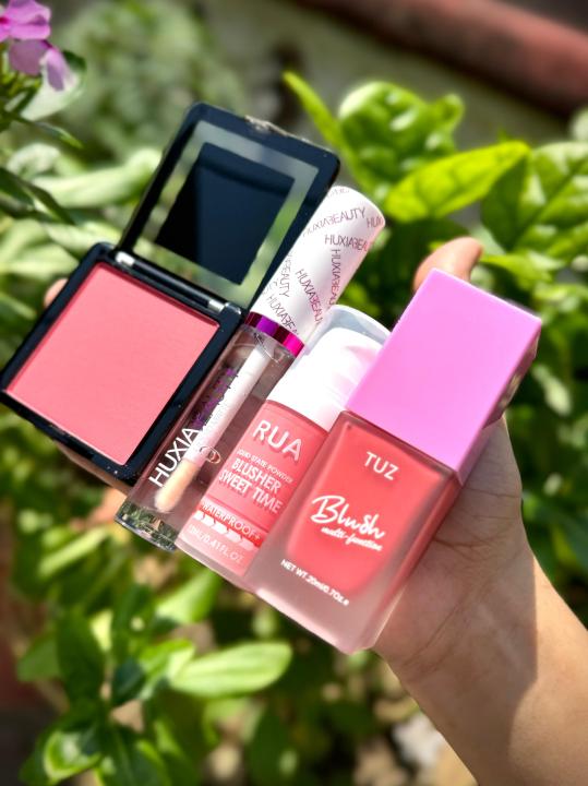 HUXIABEAUTY Makeup Collection: Transparent gloss, RUA Sweet Time Blush, TUZ Liquid Blush, and Matte Blusher | 4 in 1 makeup deal | hot sale bundle