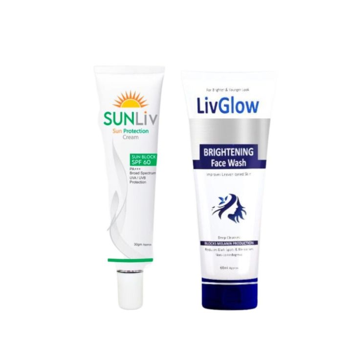 Pack of 2 LivGlow Brightening Face Wash & SunLiv Sun Protection Cream (For Men & Women)