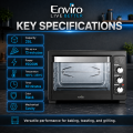 Enviro ENR-OT-25 25L Oven Toaster with Rotisserie, Convection, Bake, Toast & Grill Functions, 1500W Power, Independent Top & Bottom Heating, 60-Min Timer, Black. 