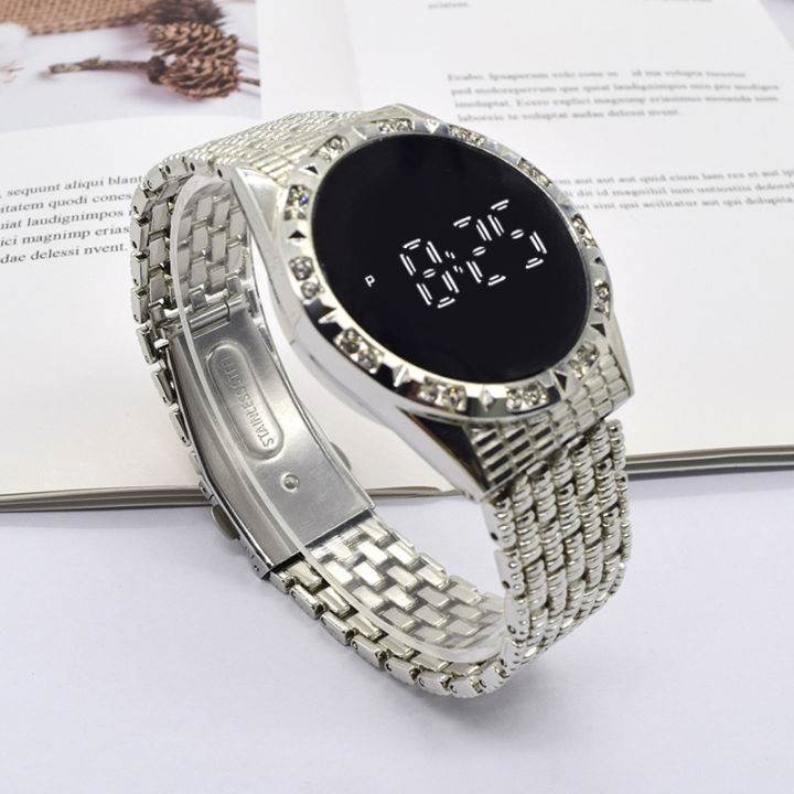 LooKeo mall Fashion-forward Unisex LED Watch with Touch Screen, Diamonds and Steel Strap for Fashionable Couples