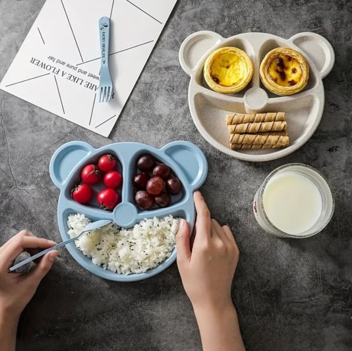5pcs Cartoon Dinner Plate Set With Divided Plate, Fork And Spoon Baby Feeding Plate Adorable Cartoon Animal Kids Bear Plate Section Dinner Plate Durable Plastic, Perfect For Toddlers Kids Adults Ideal For Home School Restaurant