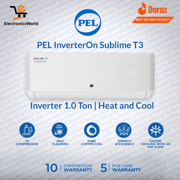 PEL Inverter AC | Model PINV-12K InverterOn  Sublime| 1 Ton |  T3 Compressor | Heat & Cool | 4D Air Flow | High Energy Savings | 10 Years Compressor & 5 Years PCB Kit Warranty  With Free Installation