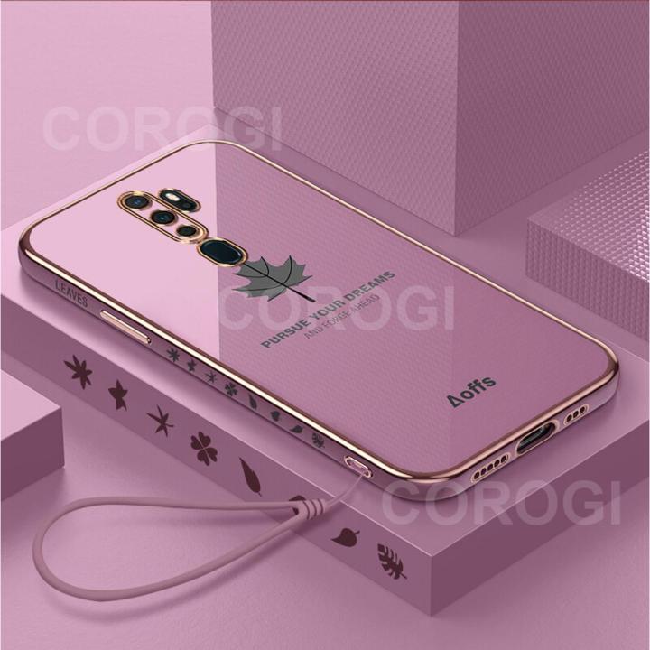 For OPPO A5 2020 Cover + Wrist Strap Fashion Shiny Maple leaf Plating Square Bumper Phone Case Soft TPU Silicone Shockproof Protective Back Cover
