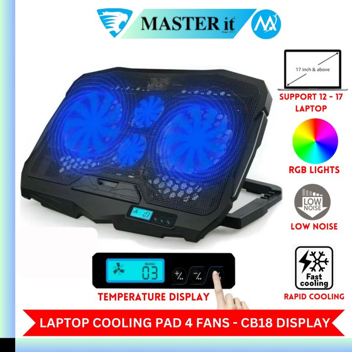Laptop Cooling Pad Four Fans With RGB Lights - Cooling Stand 4 Fan With Digital Temperature Screen & Display & 7 Gear To Adjust Height - For Upto 20" Laptops - USB Powered Connection