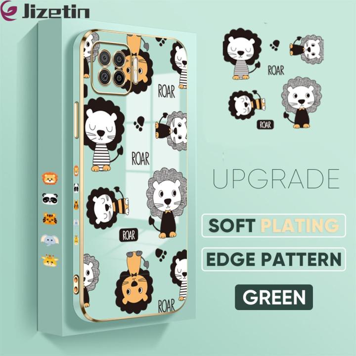Jizetin (Free Lanyard) for OPPO A73 2020 / OPPO F17  Back Cover Cute Lion Luxury 6D Plating Case Side Pattern Soft Silicone Square Mobile Phone Cases