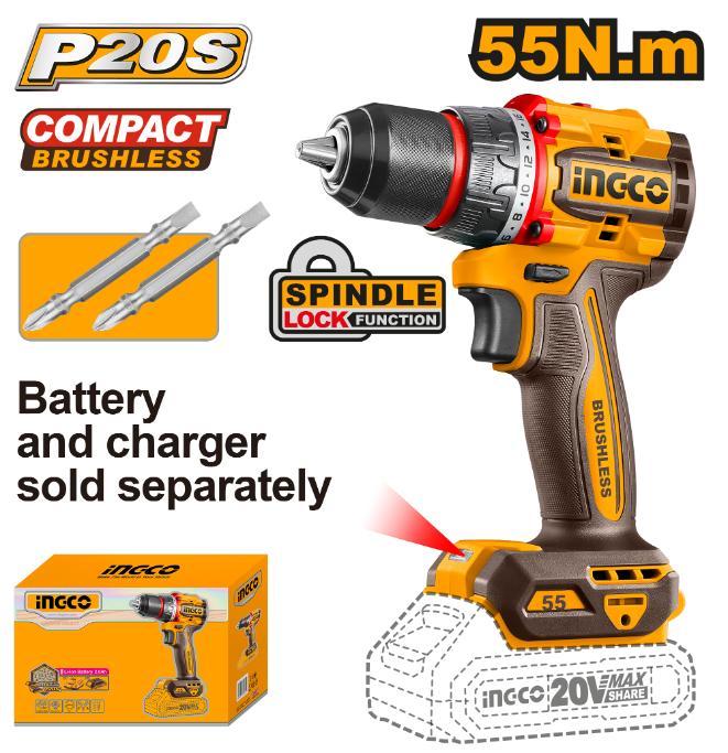 Ingco Cordless Impact Drill CDLI205581 | 20V Ingco Brushless Impact Drill Machine 55NM Max Troque Brushless Motor Without Battery & Charger - 13mm | Mughal Tools