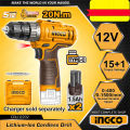 INGCO 2-SPEED LITHIUM-ION CORDLESS DRILL 12V WITH 2X BATTERY. 