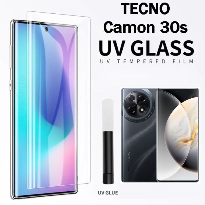 Tecno Camon 30s UV Tempered Glass with UV Light and Glue , UV Curve Glass For Tecno Camon 30s