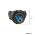 2022Accessories Blue Gem Micro-Inlaid Zircon Ring Men's Retro Pattern Two-Color Open Ring. 