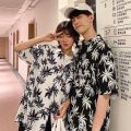 ins Super Fire Floral Shirt Vintage Hong Kong Style chic Short Sleeve Beach Vacation Hawaiian Flower Shirt for Couple. 