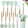 12Pcs-Silicone Kitchenware Set Kitchen Utensils Cooking Sets Non-stick Spatula Silicone Kitchen Tools with Wooden Handle Heat Resistant Non-Toxic BPA Free. 