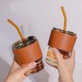 Tumbler Mug with Leather Protective Sleeve, Lid and Straw  Suitable for Coffee Tea Drink. 