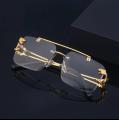 Luxury Rimless Sunglasses for Men – Gold Metal Frame with Panther Side Design, Square Stylish Shades, Premium Fashion Eyewear. 