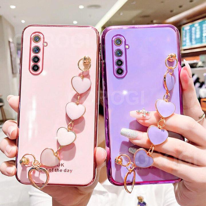 For Realme Back Cover with 3D Love Heart Wristband Chain Fashion