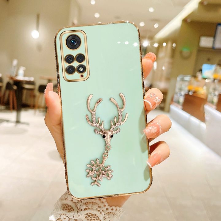 FELMYST Mascot Case For Xiaomi Redmi Note 11 3D Luxury Reindeer Gold Plated  Mobile Phone Casing Square Pendant Inlaid Brick Girl Boy Gift Soft Shockproof Cover Cases