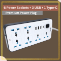 Smart Universal Extension Board Multi Power Plug With 6 Power Sockets + 3 USB Ports Plug + 1 Type C For Electronics Mobile Charging Adapter With 1.8 Meter Heavy Duty Copper Wire White. 