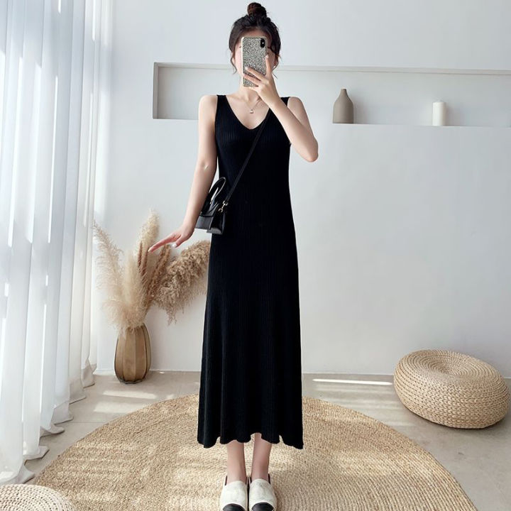 IELGY dress women s inner wear long outer wear sleeveless ice silk knitted black suspenders Daraz.pk