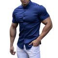 Canis-Men Casual Shirt, Solid Color Short Sleeve Lapel Neck Slim Fit Button-Down Leisure Tops. 