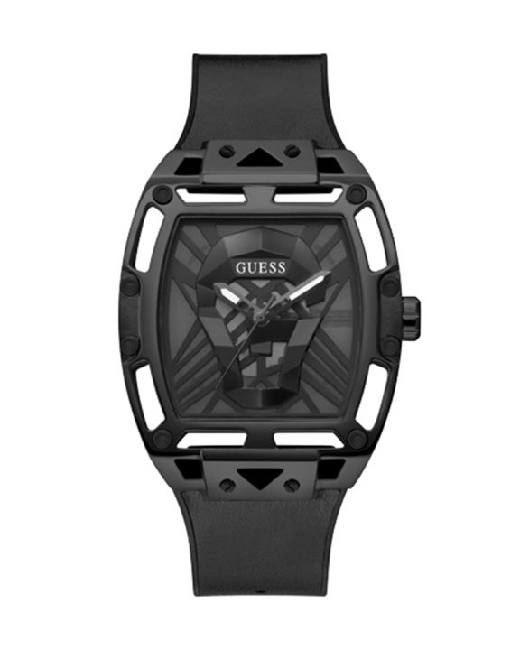 Guess Mens Black Stainless Steel Case Black Dial Black Genuine Leather-Silicone Band Watch-GW0500G2