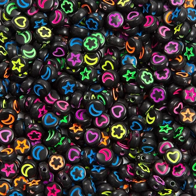 Pack of 25 / 50 / 100 / 150 / 200 / 250 / 300 Pieces | 7mm Mixed Black Colored Round Moon Star Heart Flower Outlined Beads | Used in DIY Jewelry Accessories & Projects